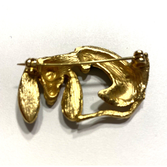 Vintage Goldtone Dog Brooch Green Enamel Finish Rhinestone Eyes Unique Puppy Pin - Picture 3 of 7